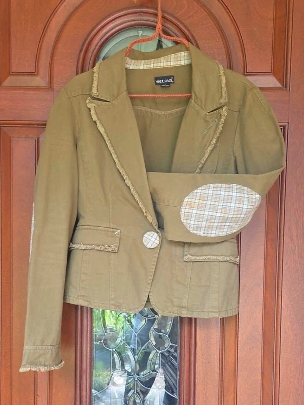 Wet Seal Olive Khaki Blazer Jacket – Plaid Patches & Frayed Trim